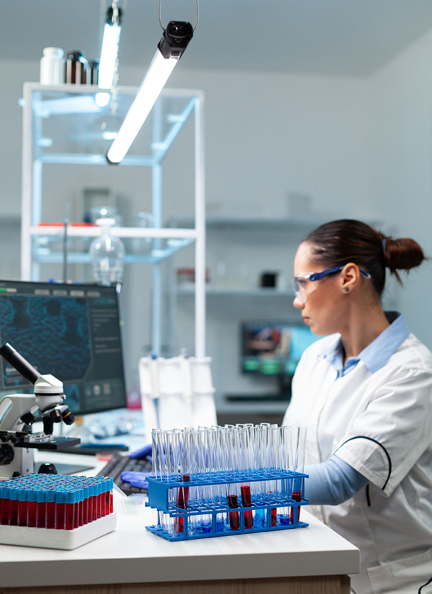 Scientific chemist doctor analyzing virus disease developing infection treatment